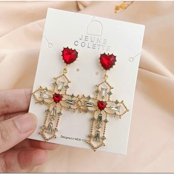 Vintage 2 3/4" clip on gold red and clear stone cross earrings - Picture 4 of 4